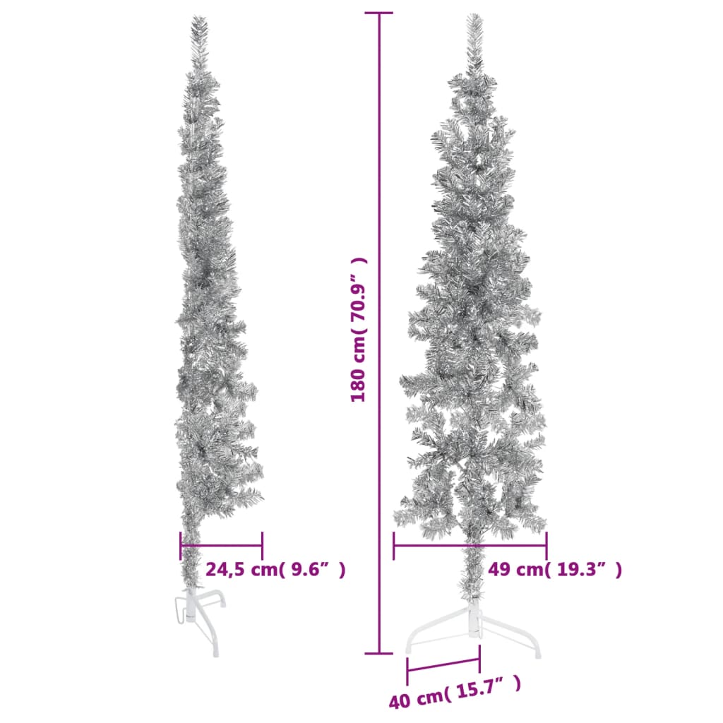 vidaXL kunstigt halvt juletræ med juletræsfod 180 cm smalt sølvfarvet