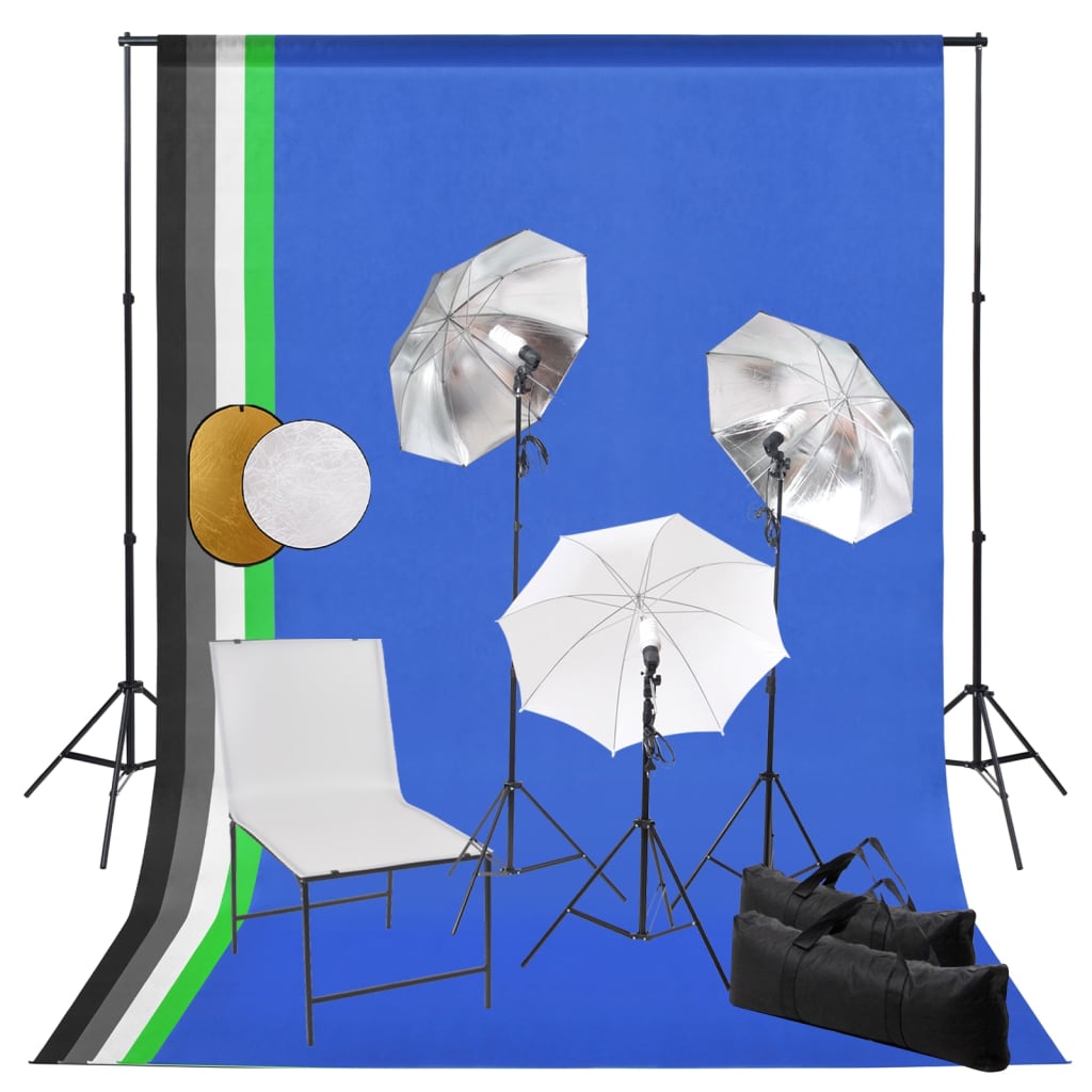 vidaXL fotostudiesæt m. lamper paraplyer + fotobaggrund og reflektor