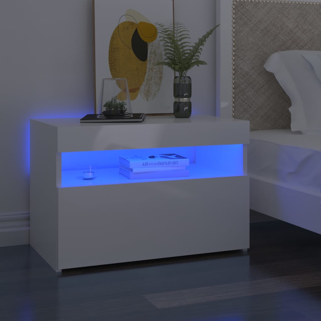 vidaXL sengebord med LED-lys 60x35x40 cm hvid højglans