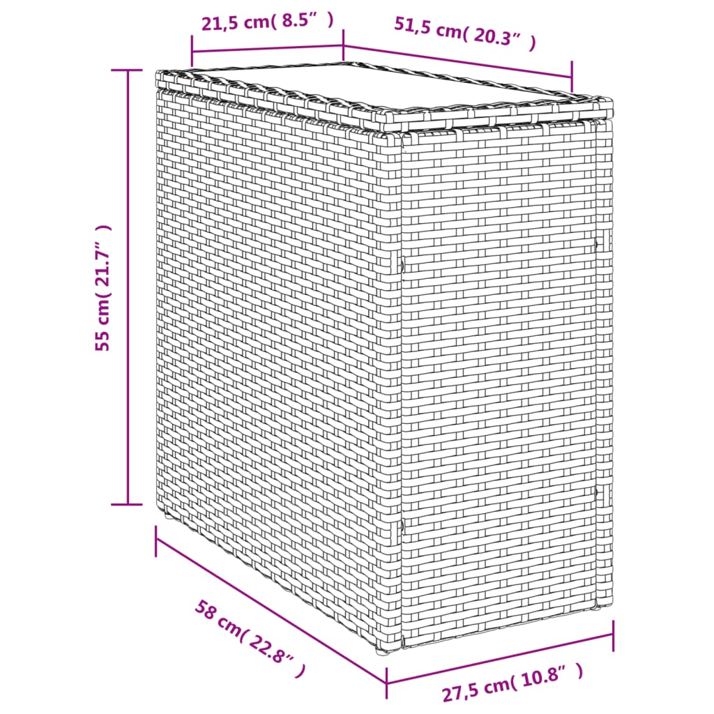vidaXL havebord med glastop 58x27,5x55 cm polyrattan sort