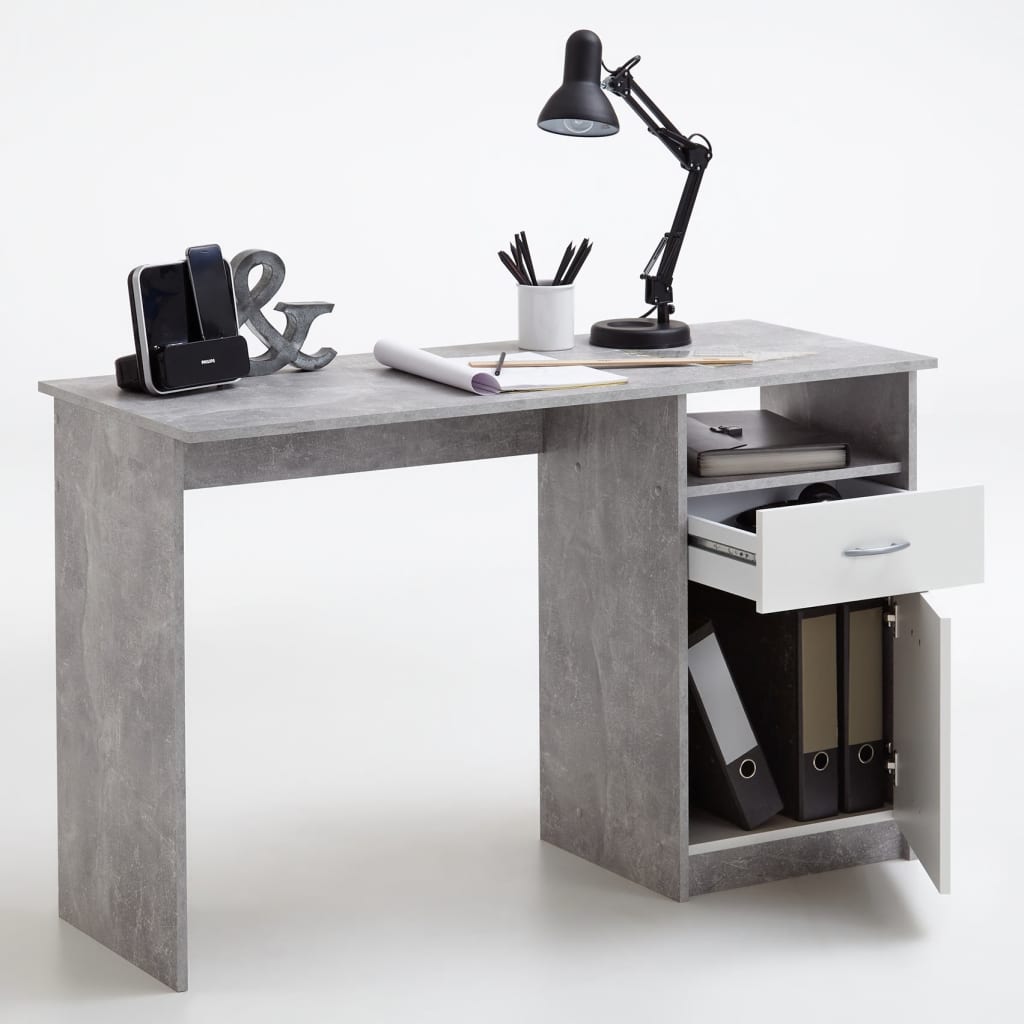 FMD skrivebord med 1 skuffe 123 x 50 x 76,5 cm betongrå og hvid
