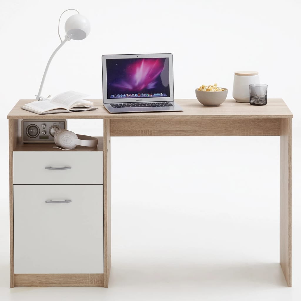FMD skrivebord med 1 skuffe 123 x 50 x 76,5 cm egetræsfarve og hvid