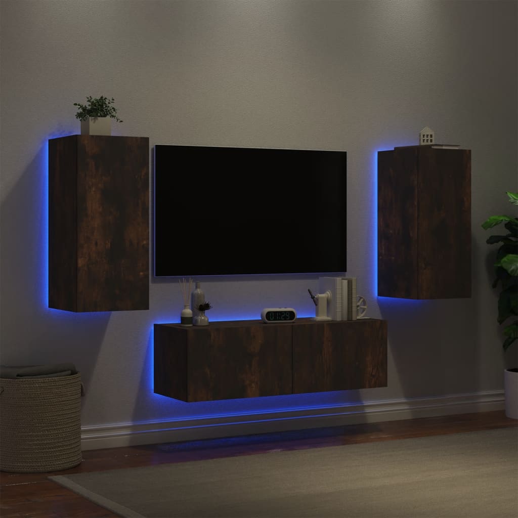 vidaXL tv-møbel til væg 3 dele med LED-lys røget egetræsfarve