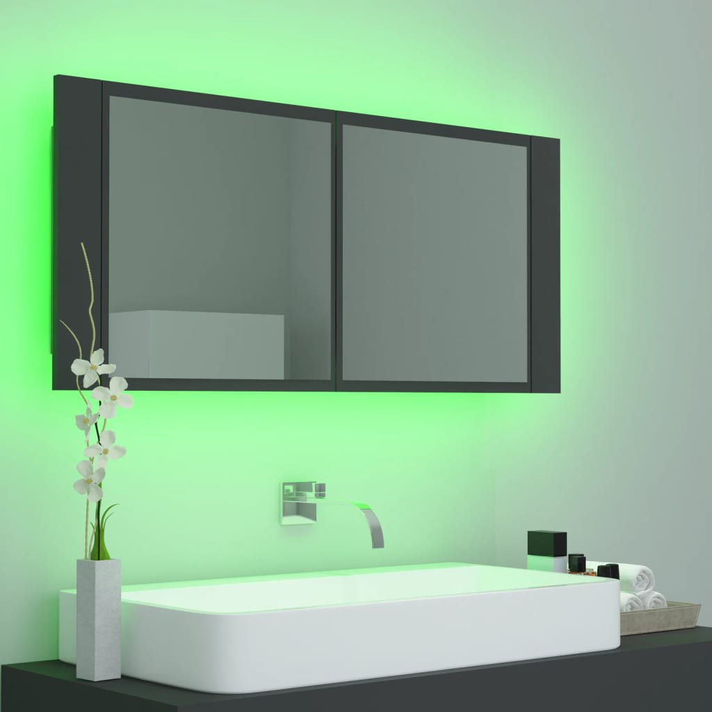 vidaXL badeværelsesskab m. spejl og LED-lys 100x12x45 cm akryl grå