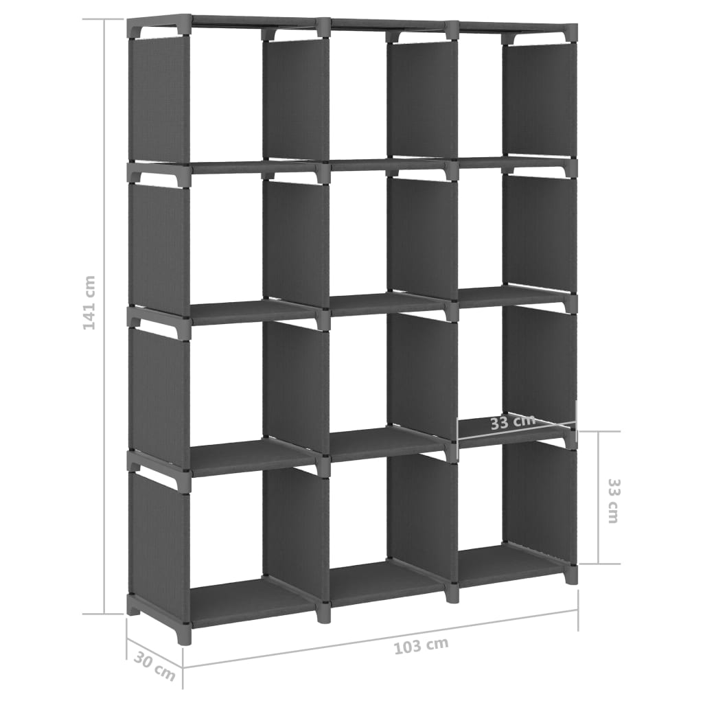 vidaXL displayreol med 12 kubeformede rum 103x30x141 cm stof grå