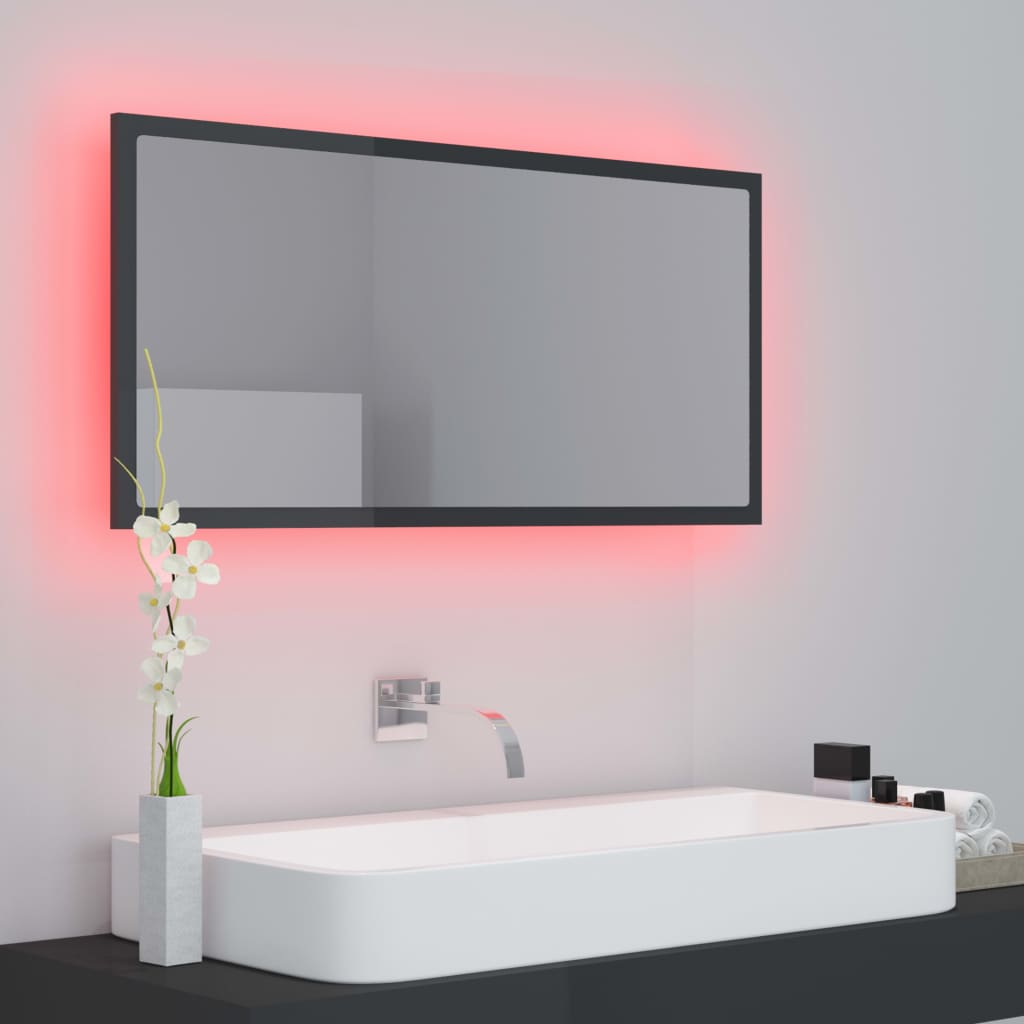 vidaXL badeværelsesspejl med LED-lys 90x8,5x37 cm akryl grå højglans
