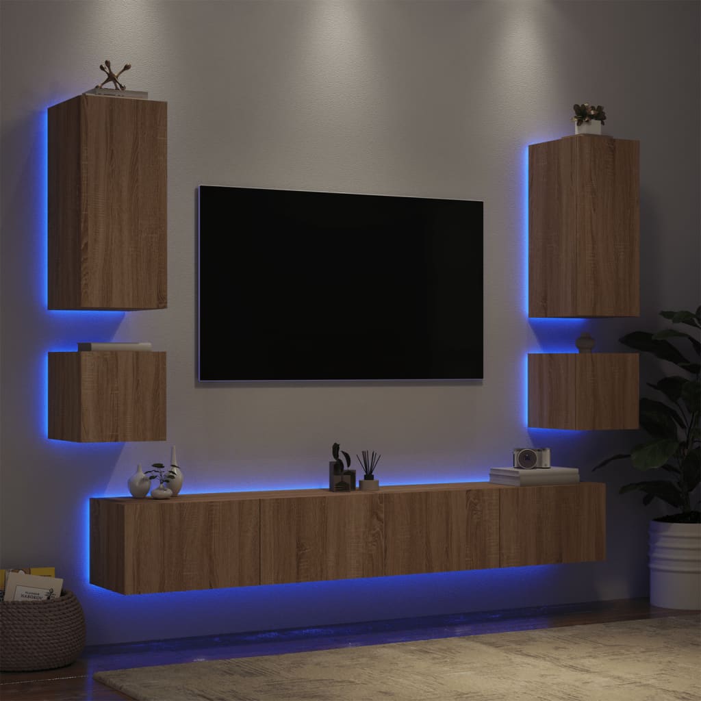 vidaXL tv-møbel til væg 6 dele med LED-lys sonoma-eg
