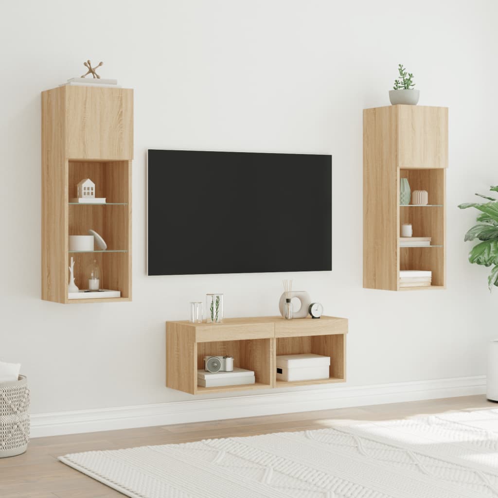 vidaXL tv-møbel til væg med LED-lys 4 dele grå sonoma-eg
