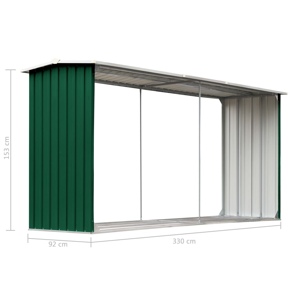 vidaXL brændeskur til haven 330 x 92 x 153 cm galvaniseret stål grøn