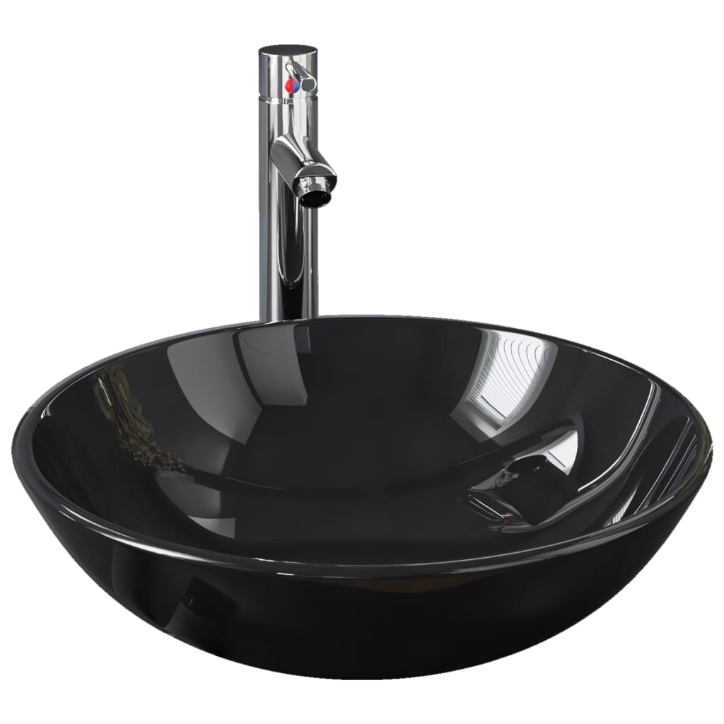 vidaXL håndvask til badeværelse m. hane og bundventil hærdet glas sort