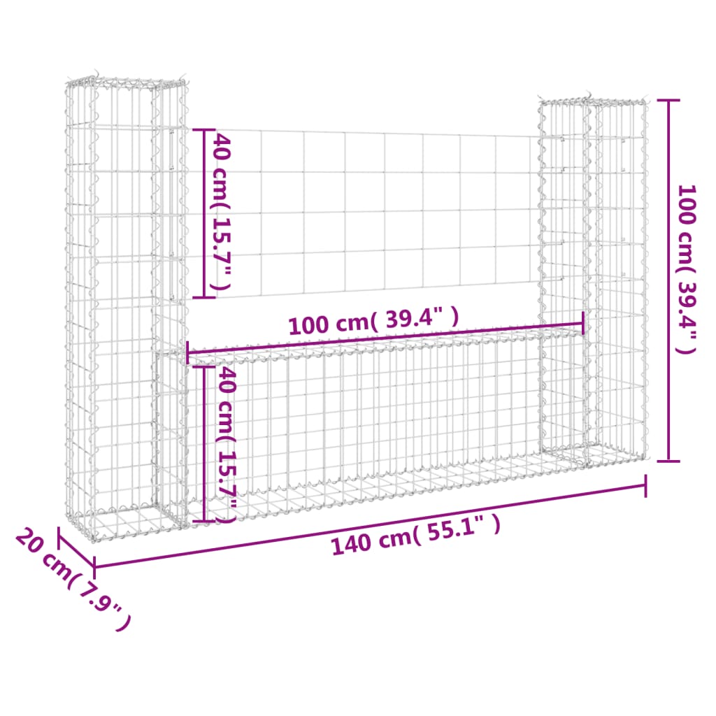 vidaXL gabionkurv med 2 stolper 140x20x100 cm U-facon jern