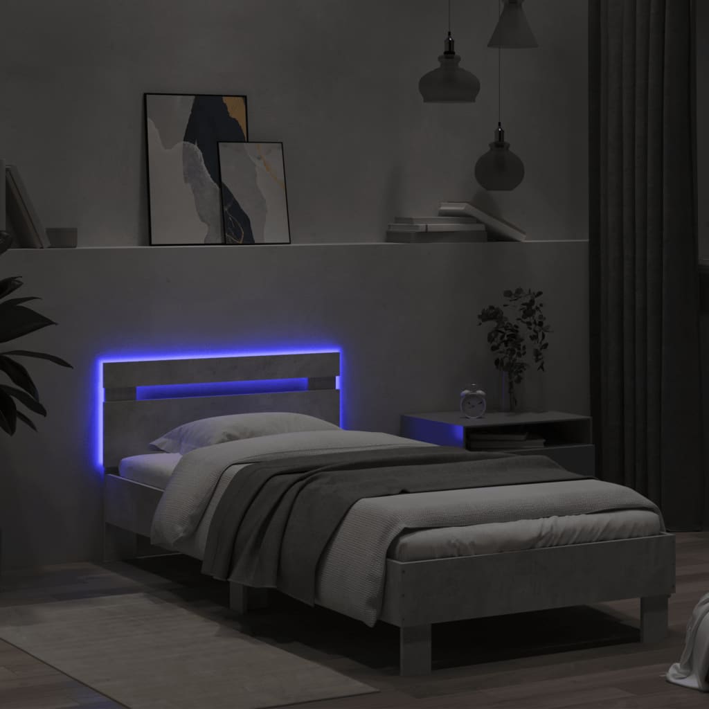 vidaXL sengeramme med sengegavl og LED-lys 75x190 cm betongrå
