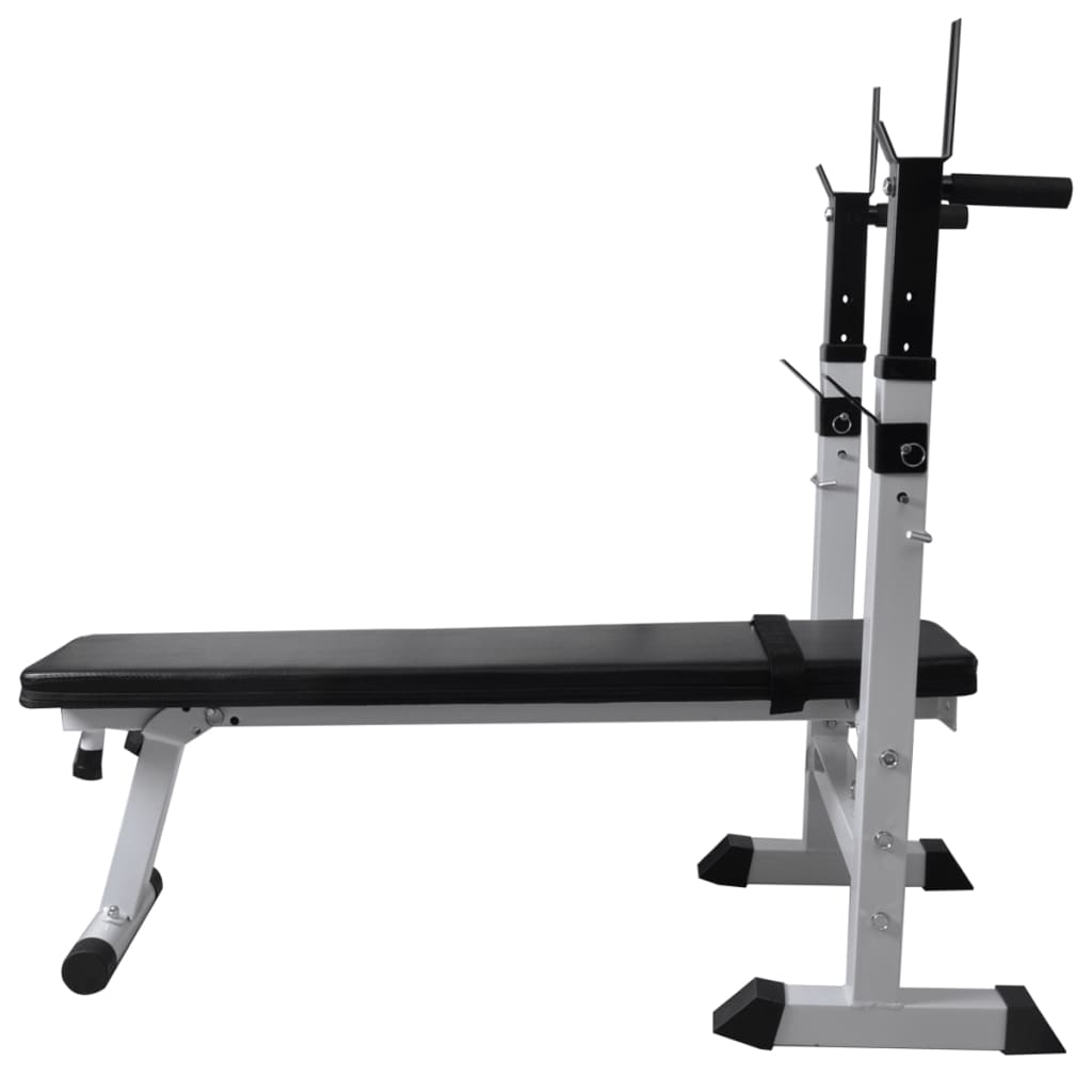 vidaXL træningsbænk med vægtstativ, vægtstangs- og håndvægtssæt 120 kg