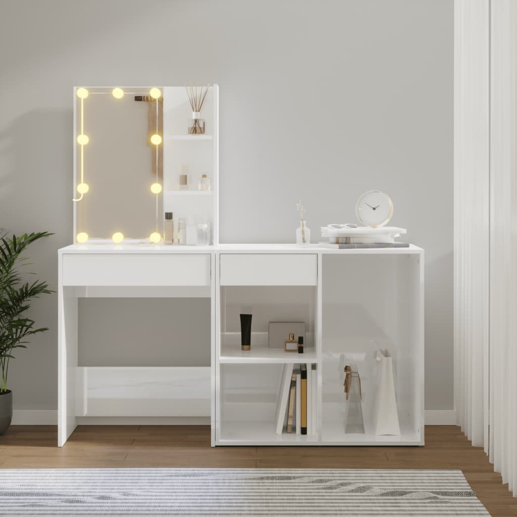 vidaXL makeupbord med LED-lys og skab konstrueret træ hvid højglans