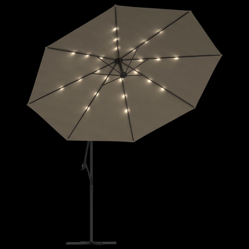 vidaXL hængeparasol med LED-lys og metalstang 350 cm gråbrun