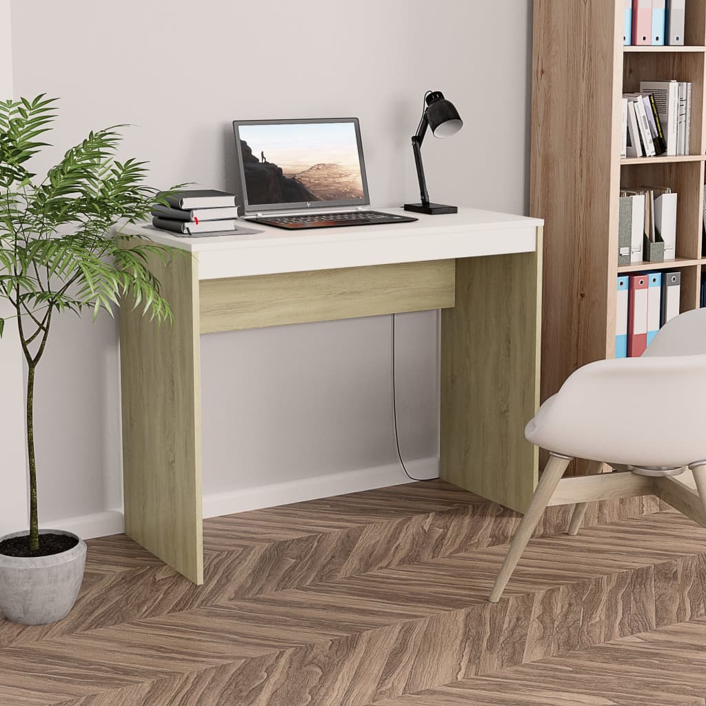 vidaXL skrivebord 90x40x72 cm konstrueret træ hvid og sonoma-eg