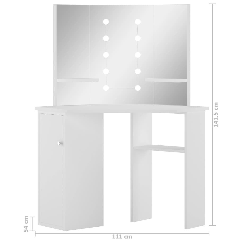 vidaXL toiletbord til hjørne med LED hvid