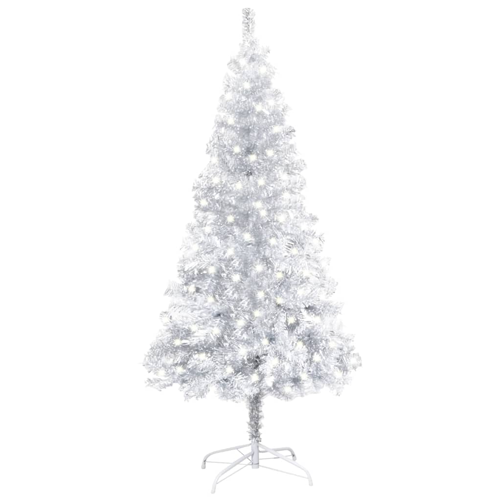 vidaXL kunstigt juletræ med lys og juletræsfod 120 cm PET sølvfarvet