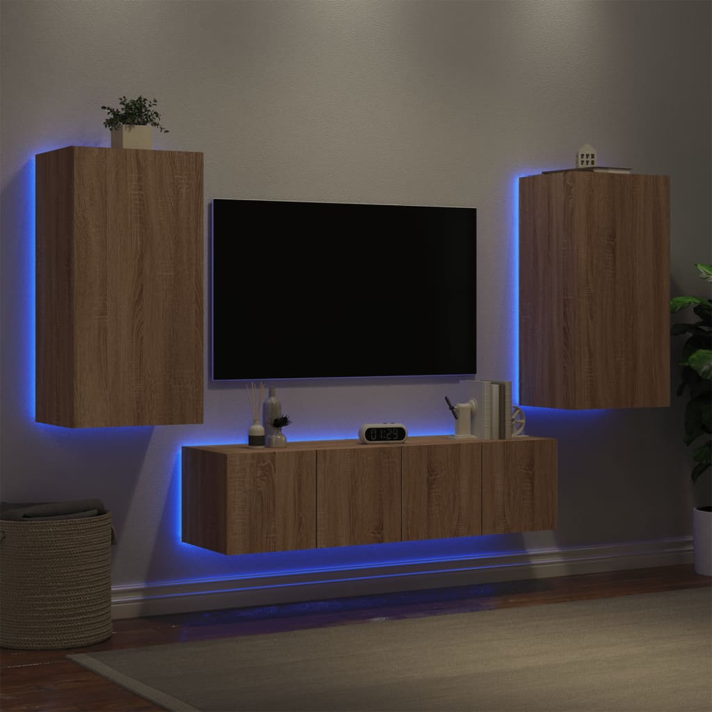 vidaXL tv-møbel til væg 4 dele med LED-lys konstrueret træ sonoma-eg