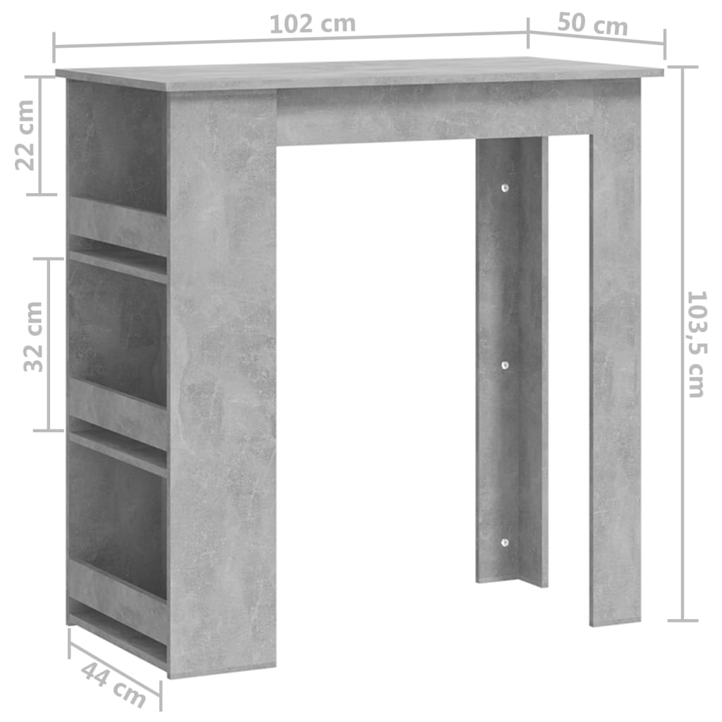 vidaXL barbord med opbevaringsstativ 102x50x103,5 cm betongrå