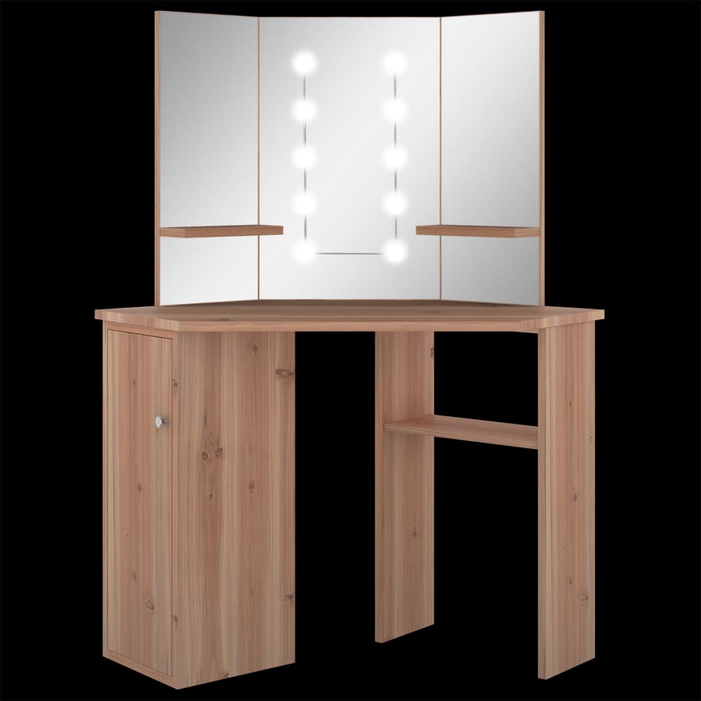 vidaXL toiletbord til hjørne med LED-lys 111x54x141,5 cm egetræsfarvet