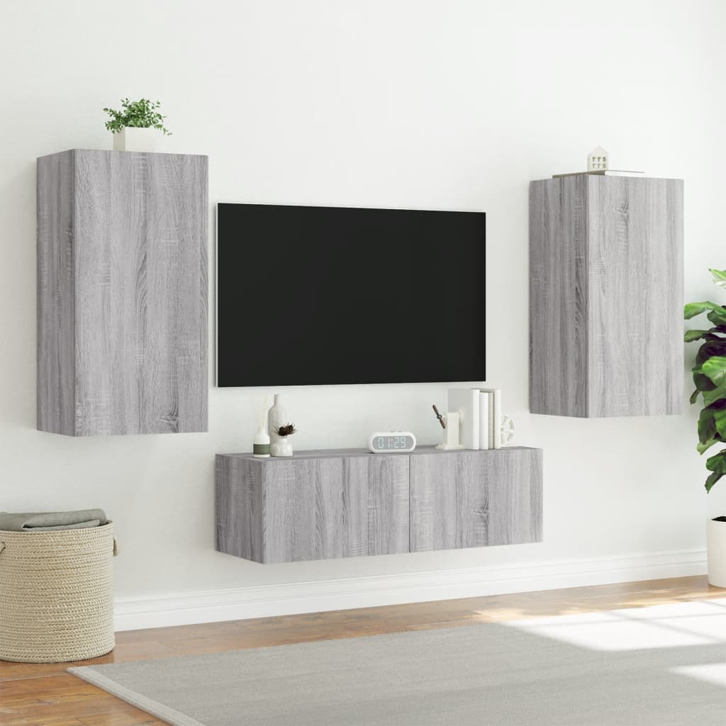 vidaXL tv-møbel til væg 3 dele LED-lys grå sonoma-eg
