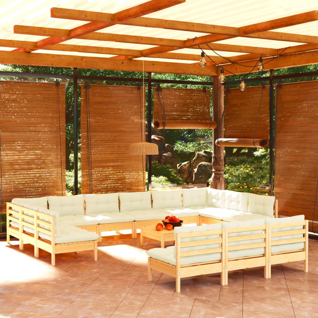 vidaXL loungesæt til haven 14 dele cremehvide hynder massivt fyrretræ