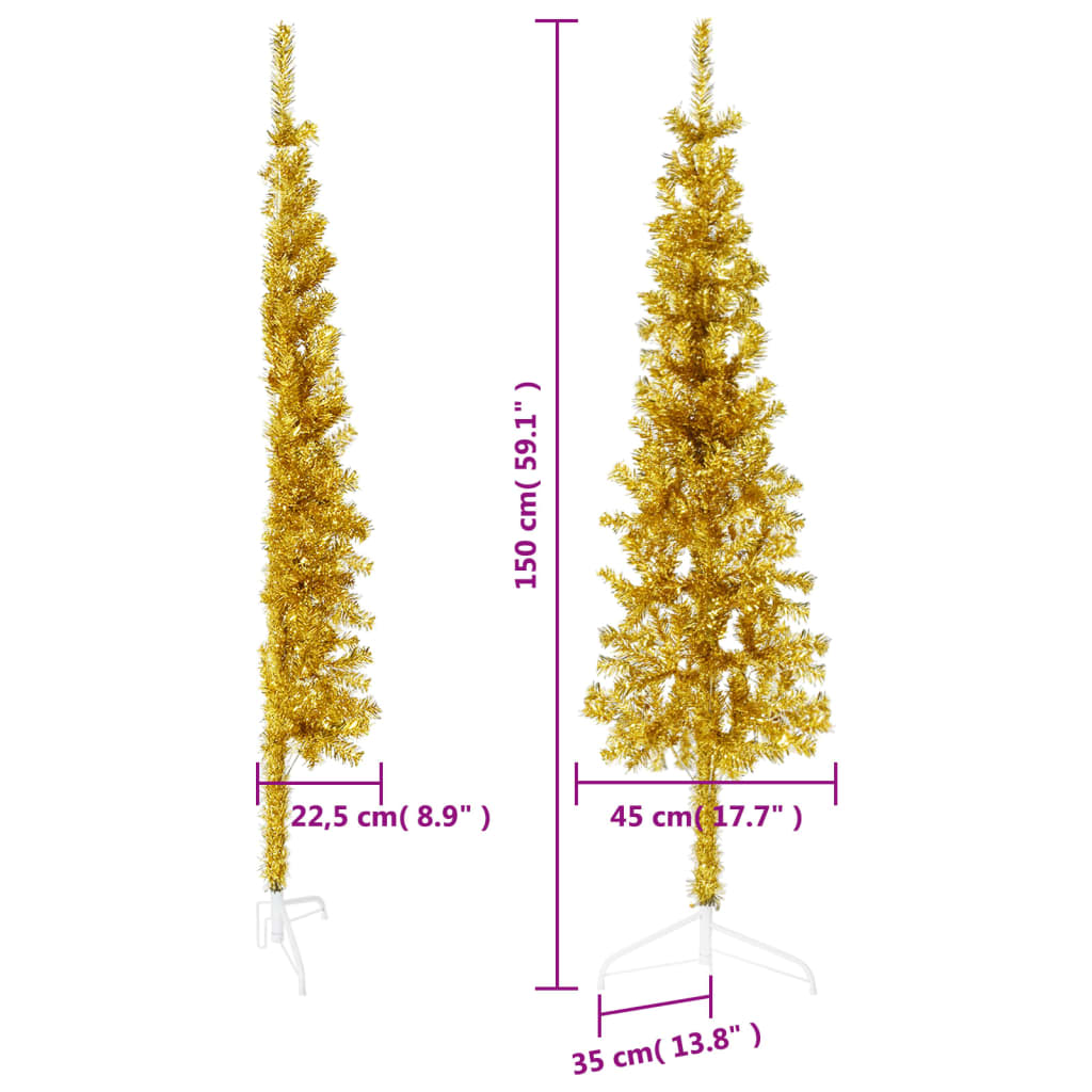vidaXL kunstigt halvt juletræ med juletræsfod 150 cm smalt guldfarvet