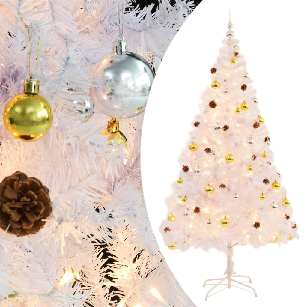 vidaXL kunstigt juletræ med lys og julekugler 210 cm hvid