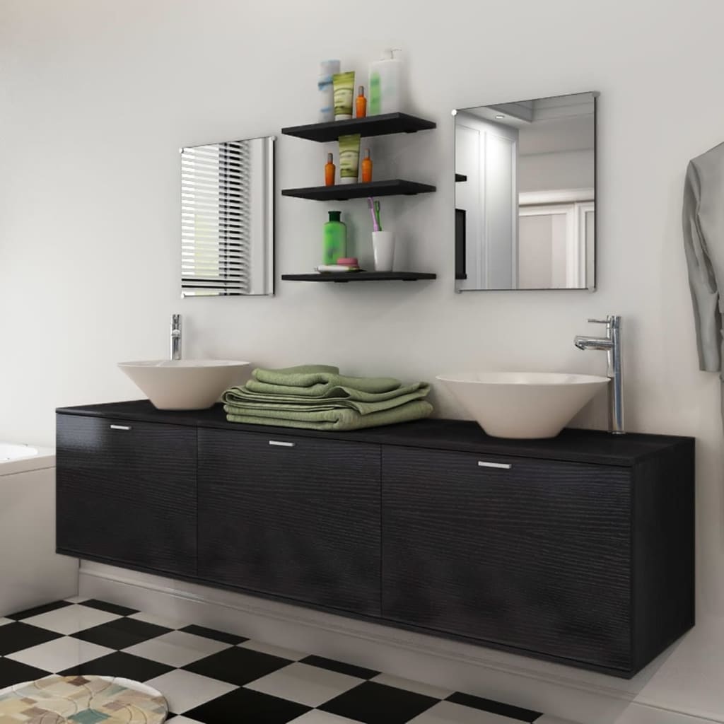 vidaXL sæt med badeværelsesmøbler m/håndvask + vandhane 10 dele sort