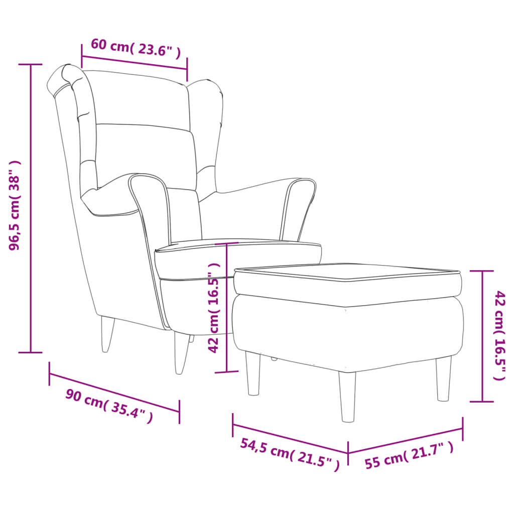 vidaXL lænestol med vingeryglæn og fodskammel fløjl lysegrå