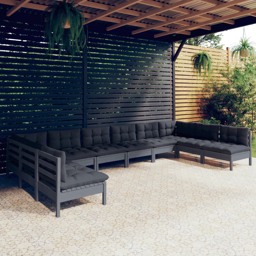 vidaXL loungesæt til haven 10 dele med hynder massivt fyrretræ grå