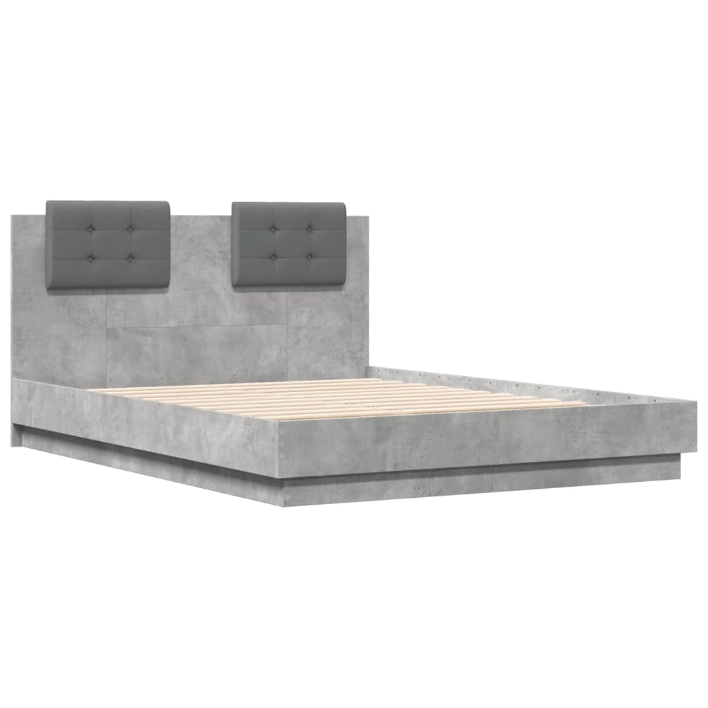 vidaXL sengeramme med sengegavl og LED-lys 135x190 cm betongrå