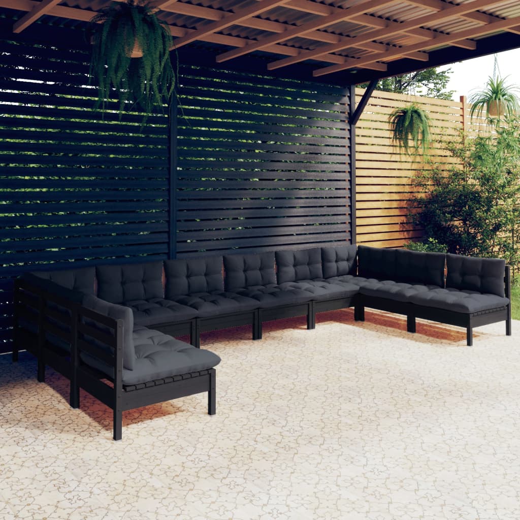 vidaXL loungesæt til haven 10 dele med hynder massivt fyrretræ sort