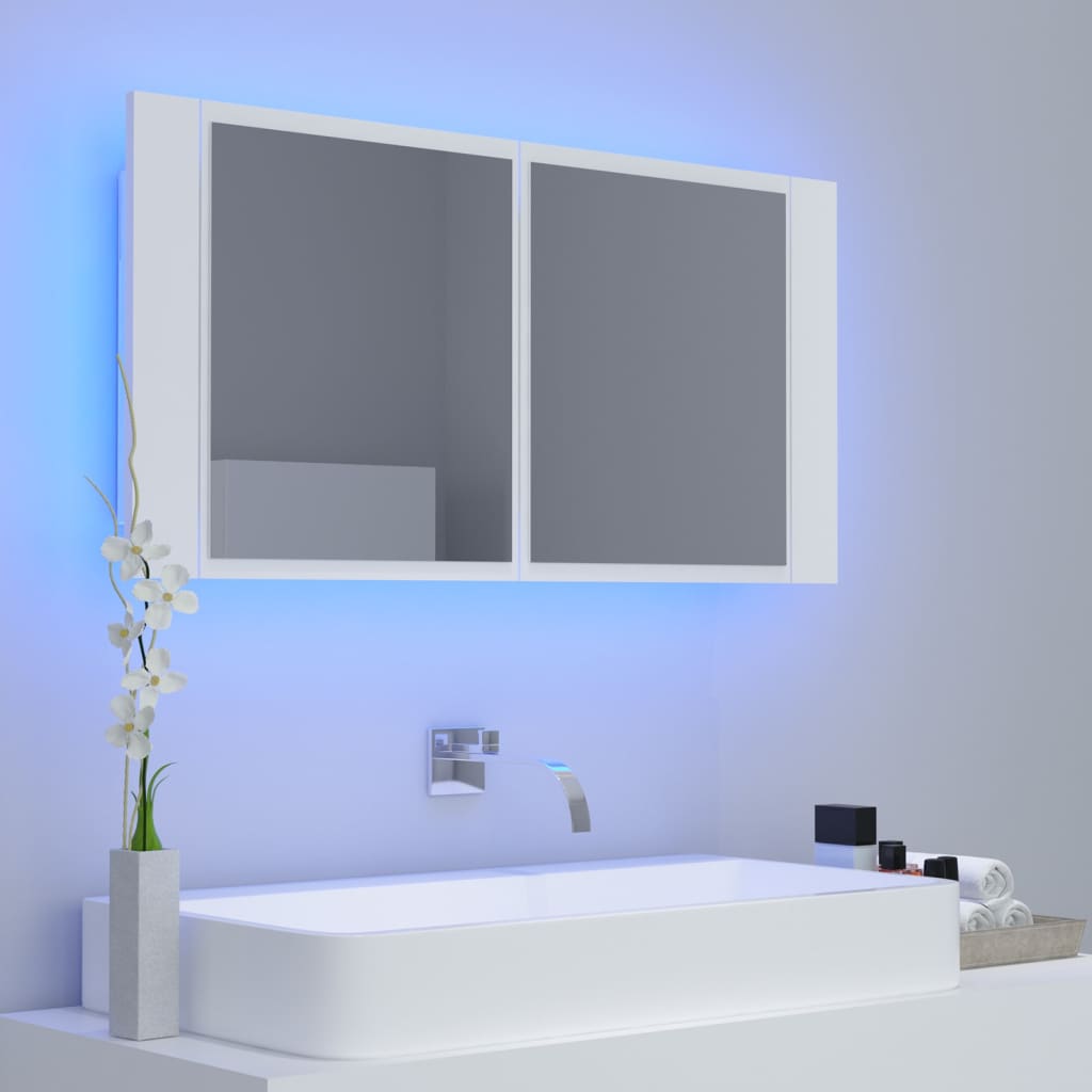 vidaXL badeværelsesskab m. spejl og LED-lys 90x12x45 cm akryl hvid