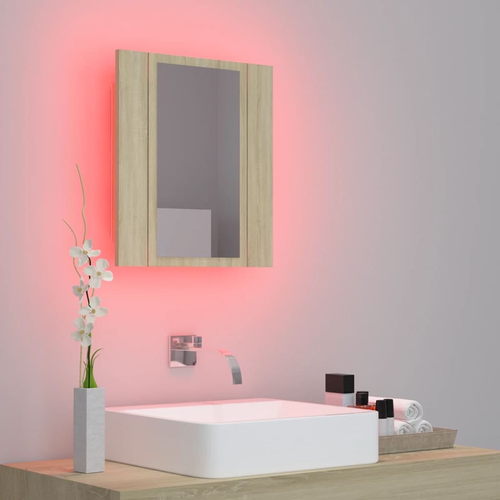 vidaXL badeværelsesskab m. spejl og LED-lys 40x12x45cm akryl sonoma-eg