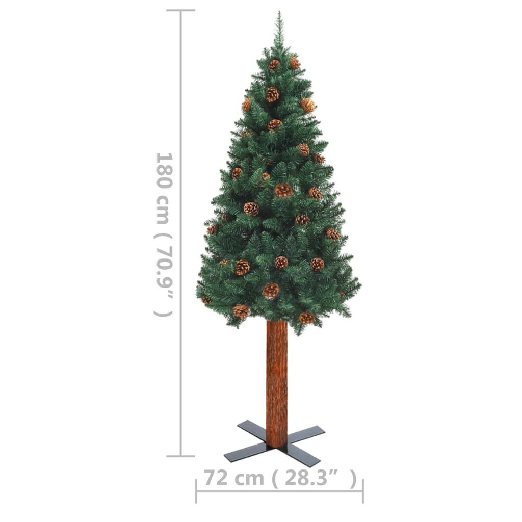 vidaXL smalt juletræ med lys + ægte træ og grankogler 180 cm grøn