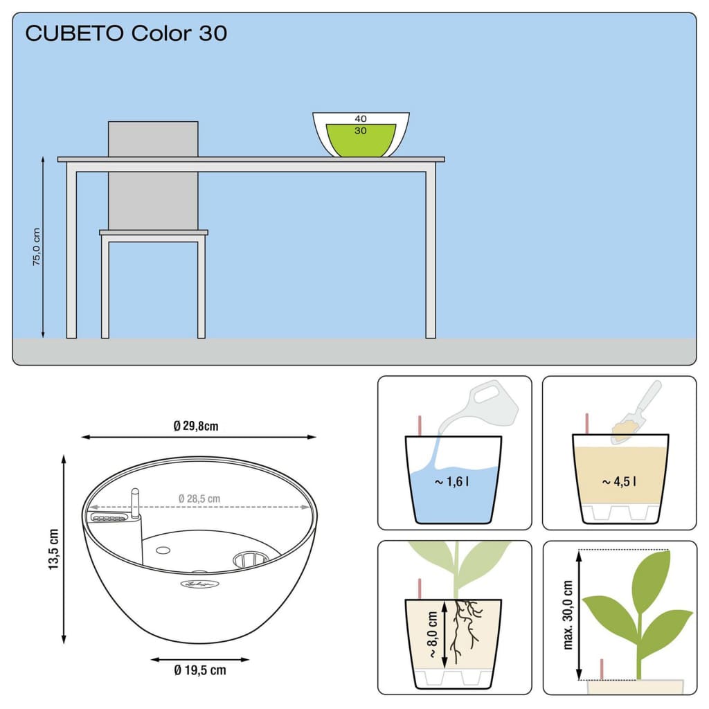 LECHUZA plantekrukke CUBETO Color 30 ALL-IN-ONE stengrå 13830