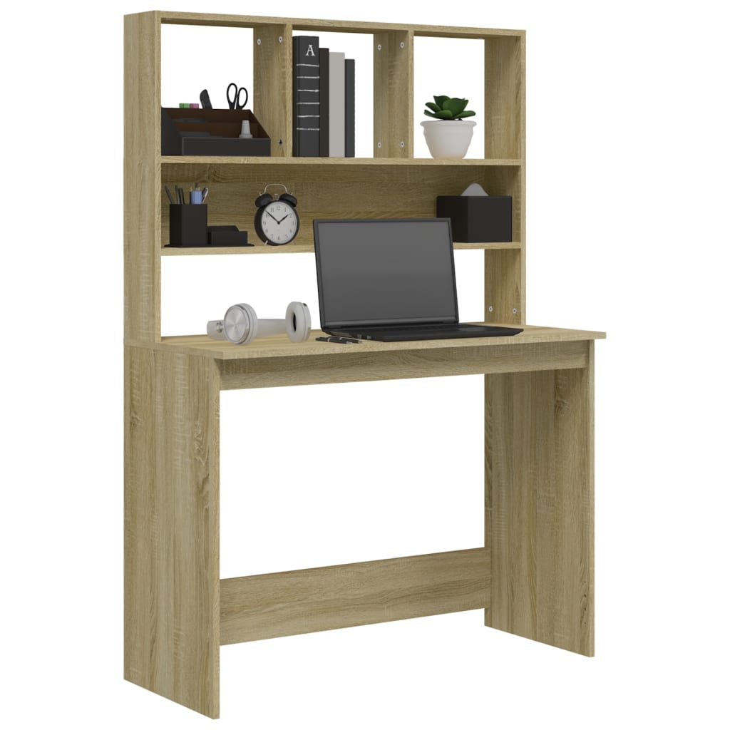 vidaXL skrivebord med hylder 102x45x148 cm konstrueret træ sonoma-eg