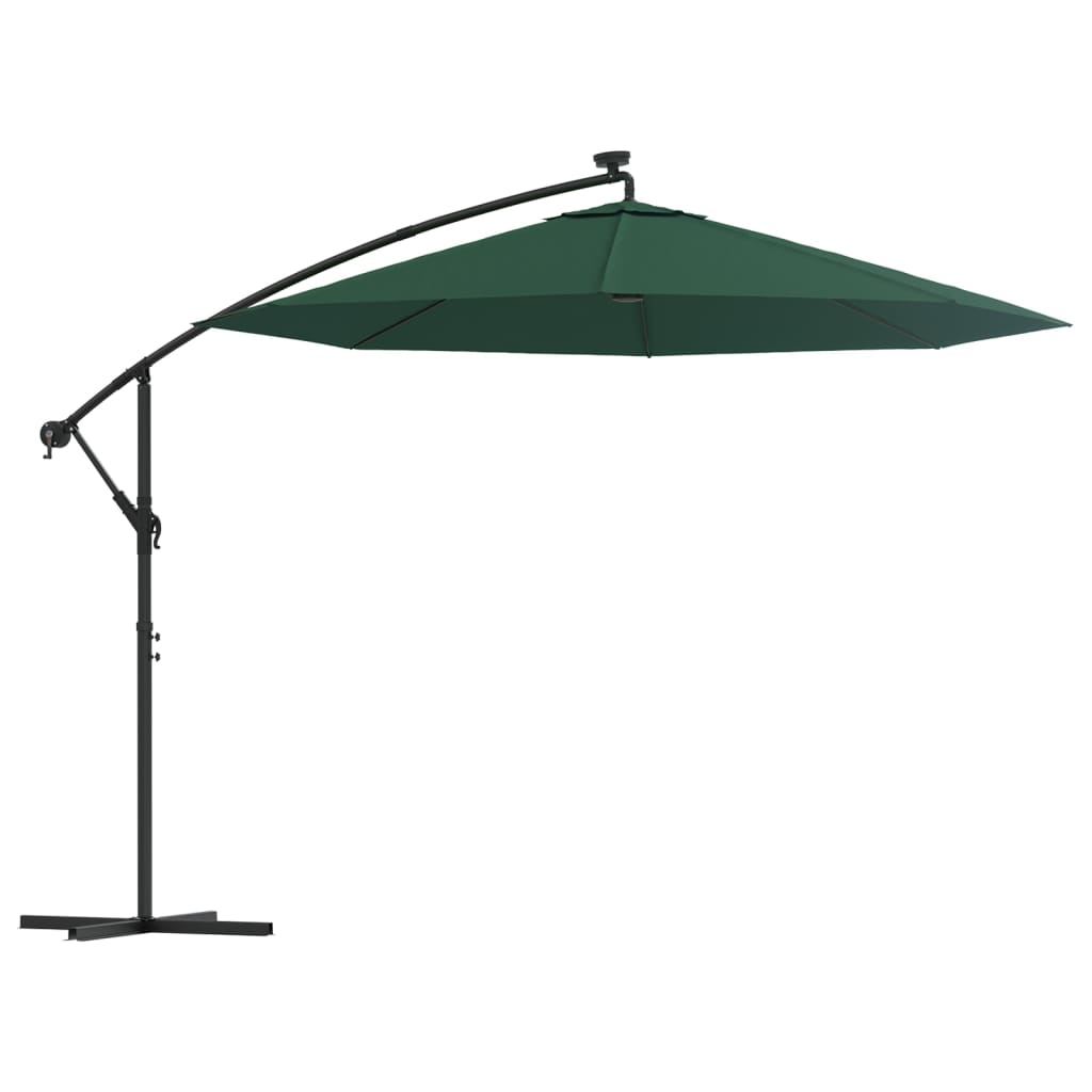 vidaXL hængende parasol med LED-belysning 300 cm grøn metalstang