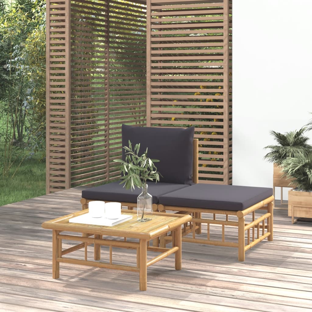 vidaXL loungesæt til haven 3 dele med mørkegrå hynder bambus