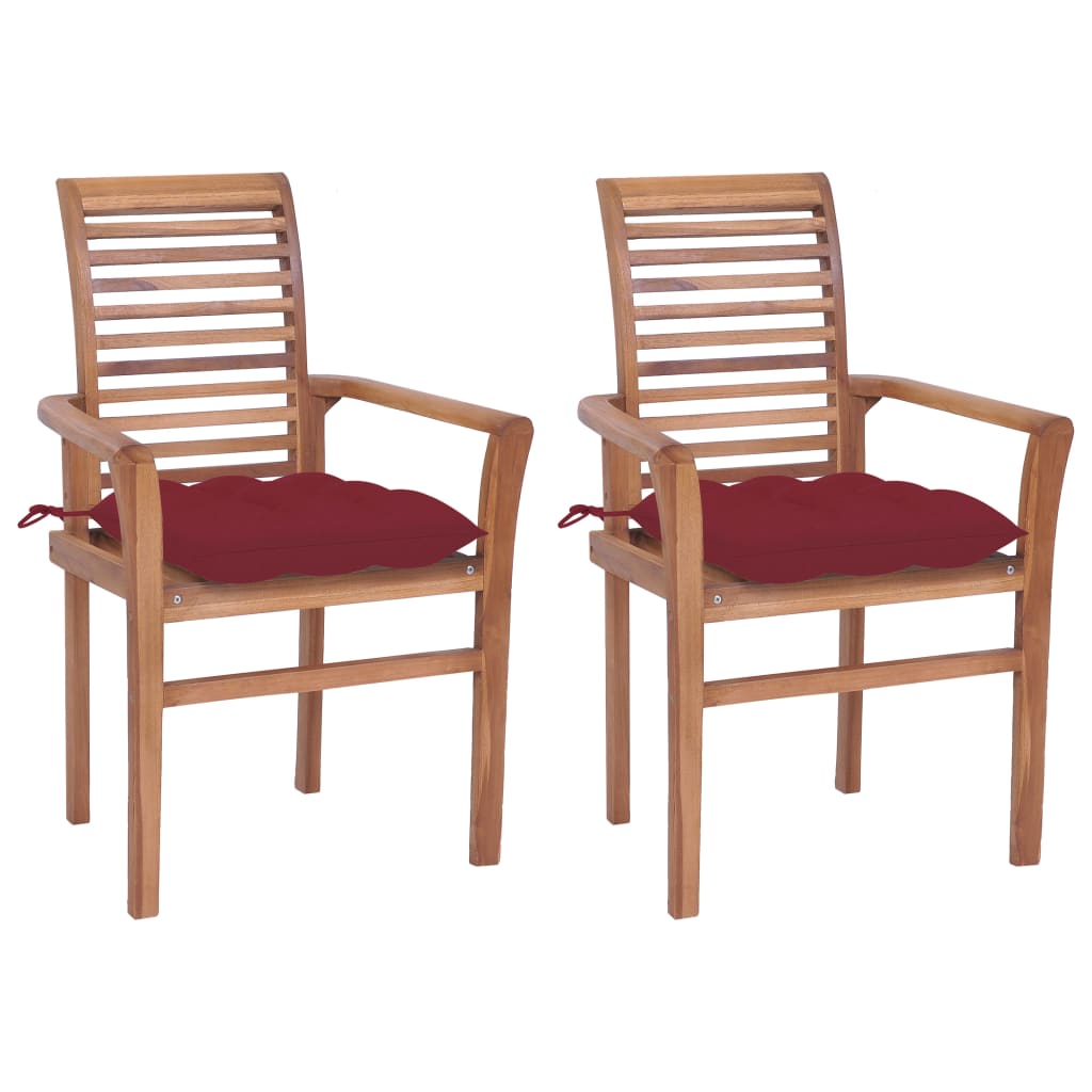vidaXL spisebordsstole 2 stk. med vinrøde hynder massivt teaktræ
