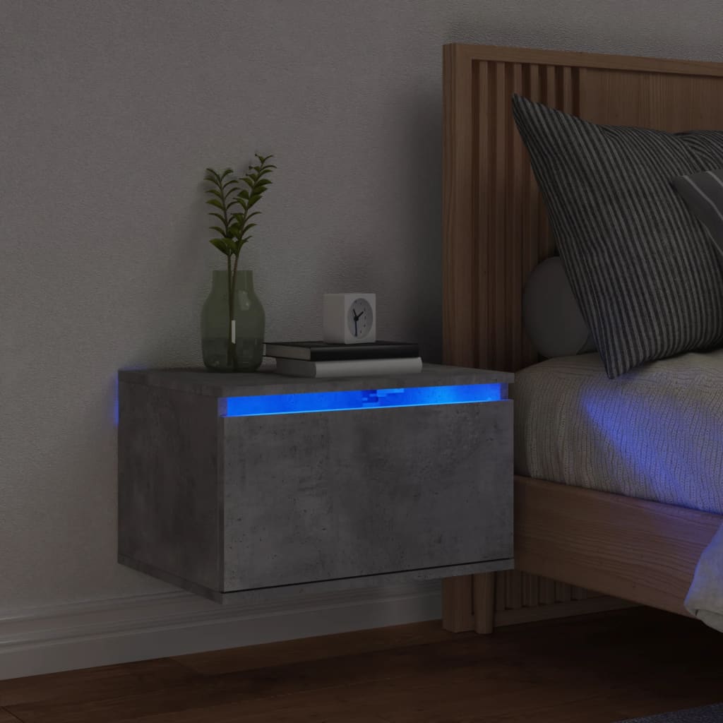 vidaXL væghængt sengebord med LED-lys betongrå