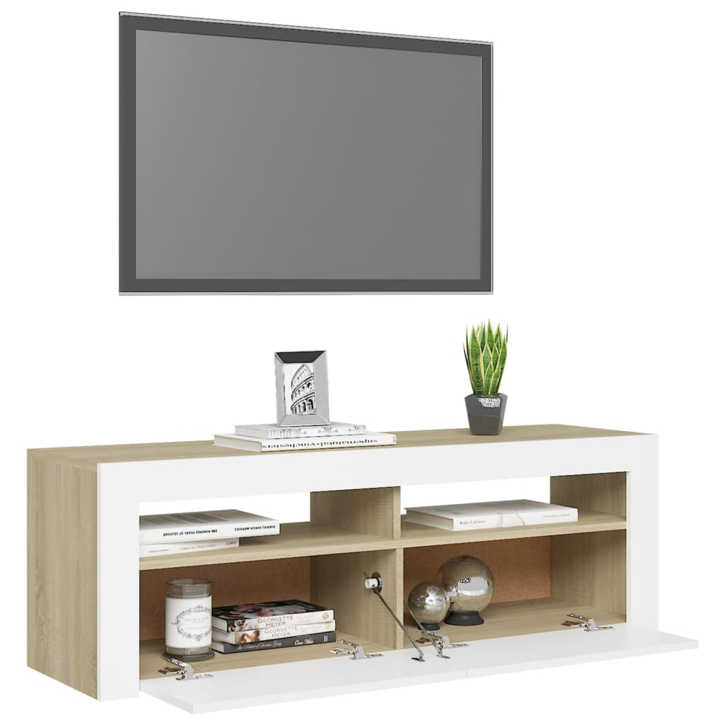 vidaXL tv-bord med LED-lys 120x35x40 cm hvid og sonoma-eg