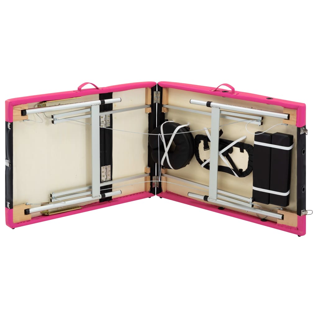vidaXL sammenfoldeligt massagebord aluminiumsstel 3 zoner sort lyserød