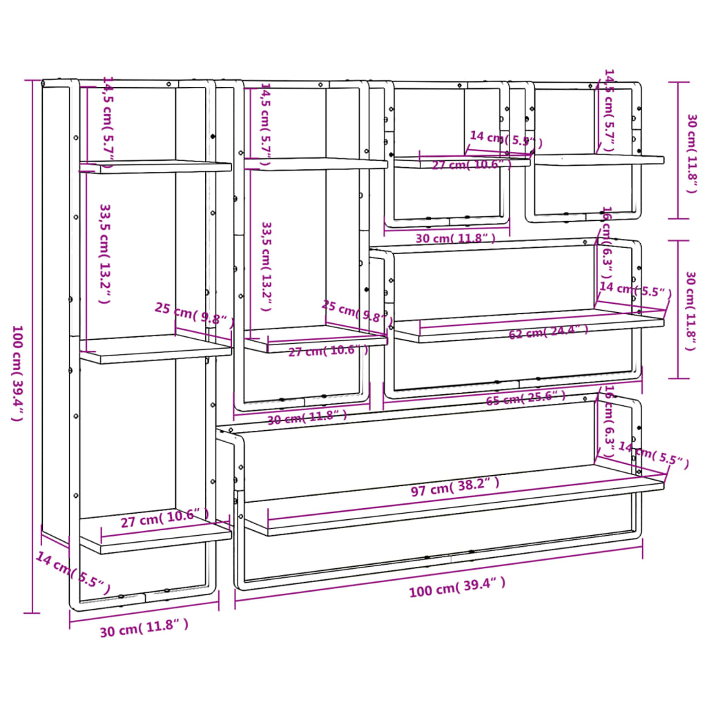 vidaXL hyldesæt med stænger 6 dele konstrueret træ sort