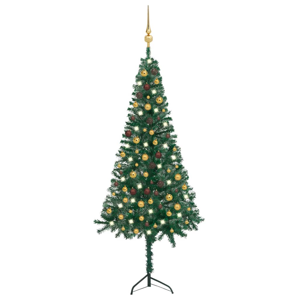 vidaXL kunstigt juletræ til hjørne LED-lys + kuglesæt 210 cm PVC grøn