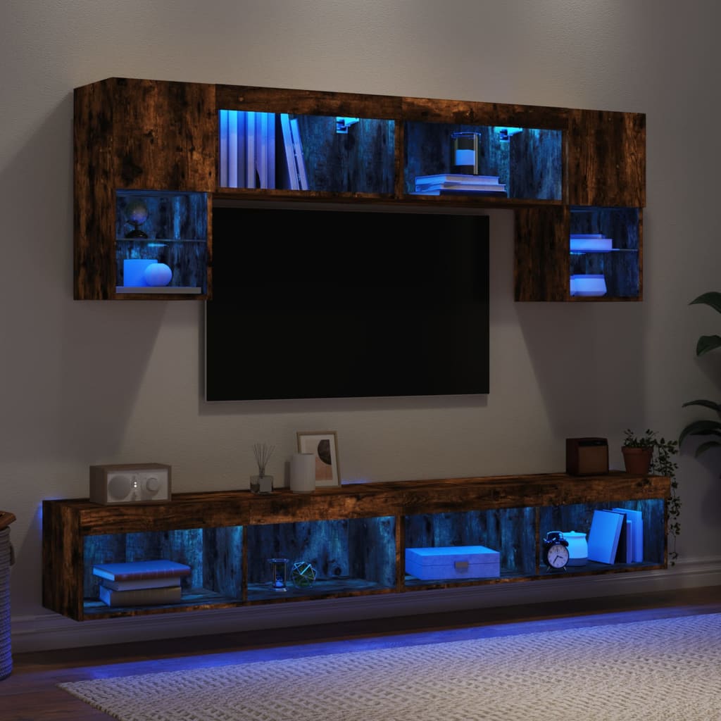 vidaXL tv-møbel til væg 6 dele med LED-lys konstrueret træ røget eg