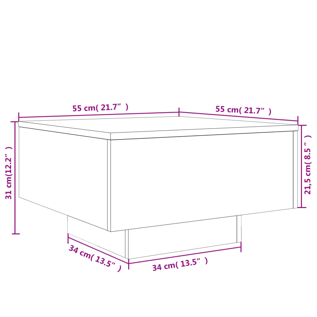 vidaXL sofabord med LED-lys 55x55x31 cm sort