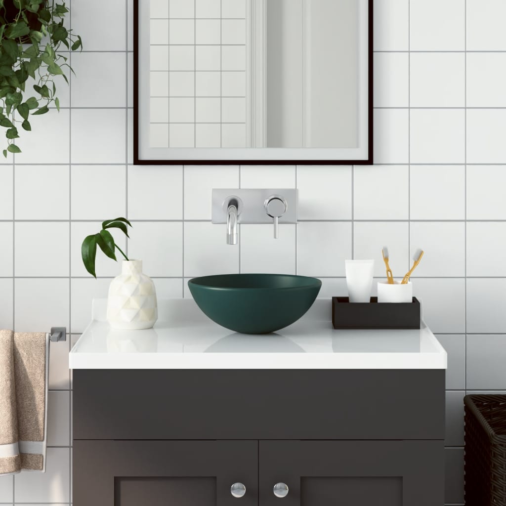 vidaXL keramisk håndvask til badeværelse rund mørkegrøn